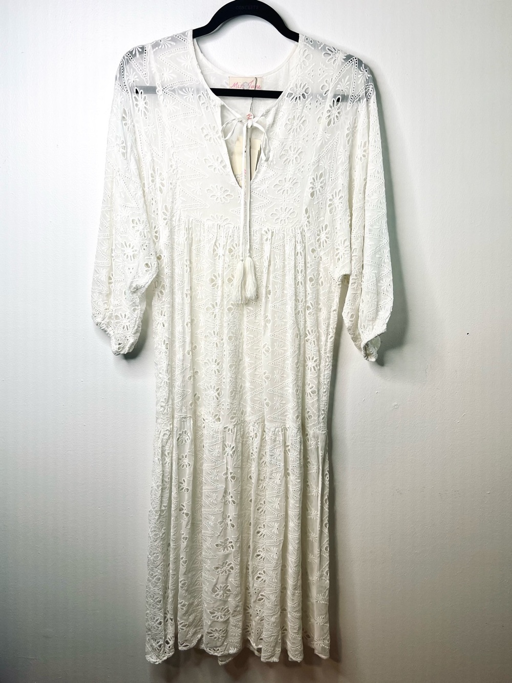 Miss June Paris White Eyelet Midi Dress Tassel Tie Cotton Swim Cover up OS NWT